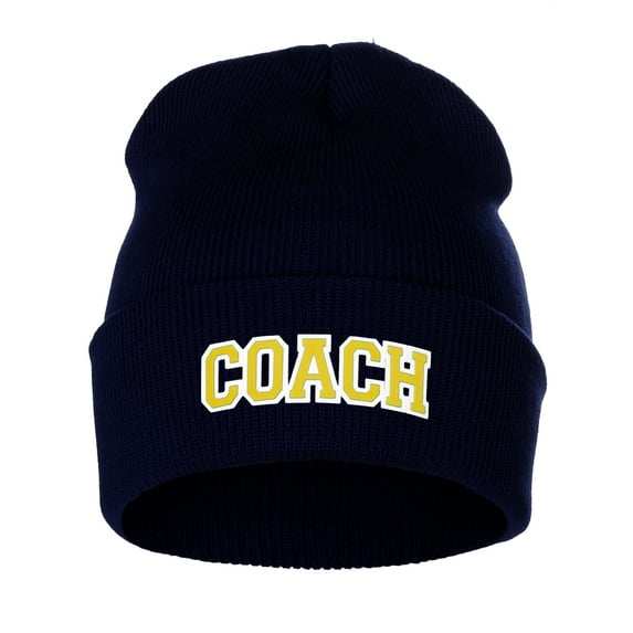 I&W Sports Team Coach Arch Letters Winter Knit Cuffed Beanie Hat, Navy Beanie White Gold