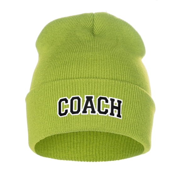 I&W Sports Team Coach Arch Letters Winter Knit Cuffed Beanie Hat, Neon Green Beanie White Black