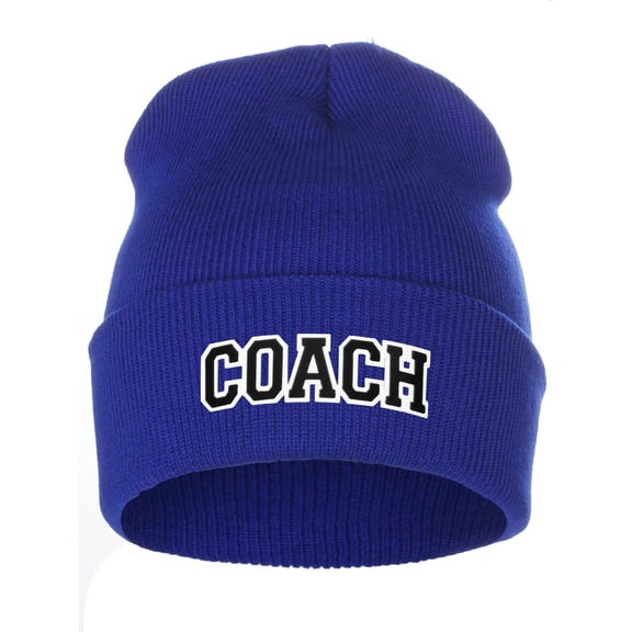 I&W Sports Team Coach Arch Letters Winter Knit Cuffed Beanie Hat, Royal Beanie White Black
