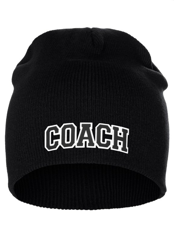 I&W Sports Team Coach Arch Letters Winter Knit Cuffless Beanie 3D Raised Layers, Black Beanie White Black