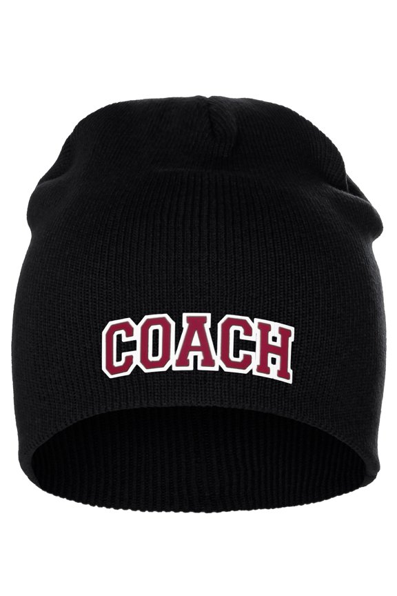 I&W Sports Team Coach Arch Letters Winter Knit Cuffless Beanie 3D Raised Layers, Black Beanie White Red