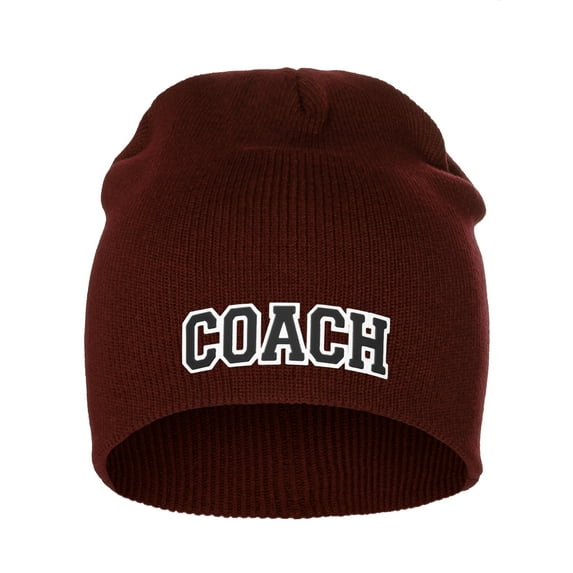 I&W Sports Team Coach Arch Letters Winter Knit Cuffless Beanie 3D Raised Layers, Burgundy Beanie White Black