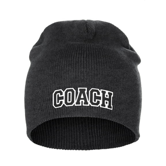 I&W Sports Team Coach Arch Letters Winter Knit Cuffless Beanie 3D Raised Layers, Charcoal Beanie White Black