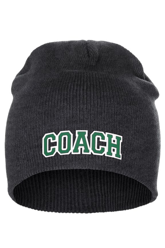 I&W Sports Team Coach Arch Letters Winter Knit Cuffless Beanie 3D Raised Layers, Charcoal Beanie White Green