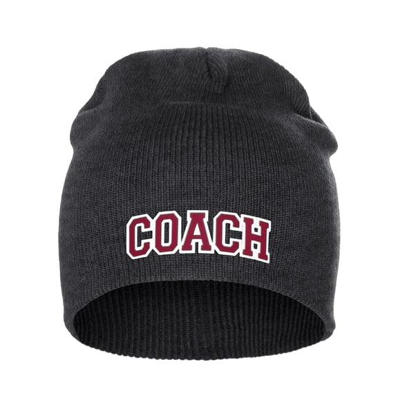 I&W Sports Team Coach Arch Letters Winter Knit Cuffless Beanie 3D Raised Layers, Charcoal Beanie White Red