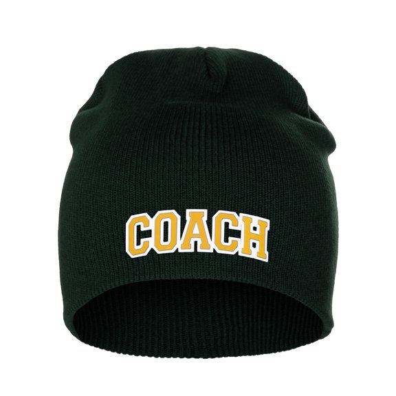 I&W Sports Team Coach Arch Letters Winter Knit Cuffless Beanie 3D Raised Layers, Dk Green Beanie White Gold