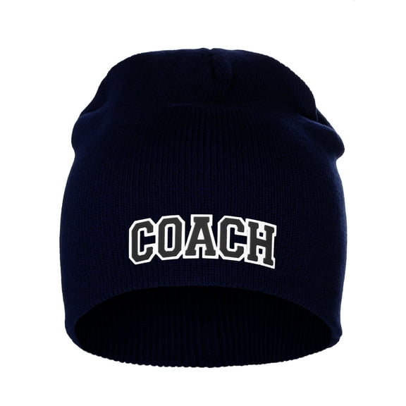 I&W Sports Team Coach Arch Letters Winter Knit Cuffless Beanie 3D Raised Layers, Navy Beanie White Black