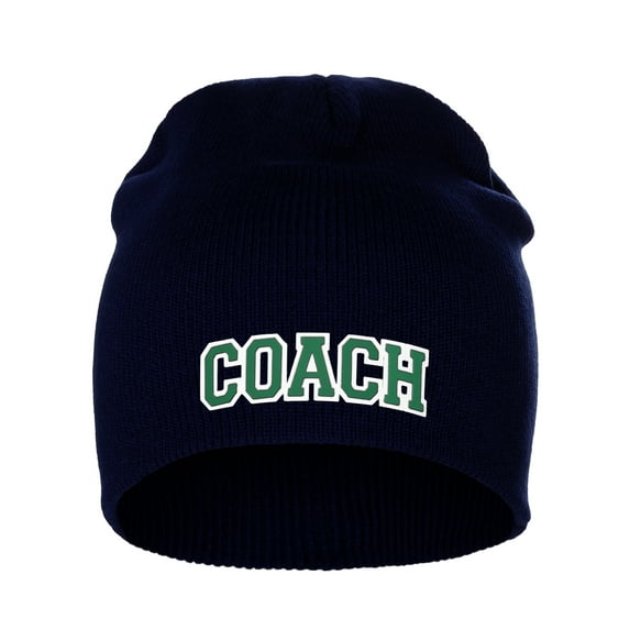 I&W Sports Team Coach Arch Letters Winter Knit Cuffless Beanie 3D Raised Layers, Navy Beanie White Green