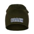 thumbnail image 1 of I&W Sports Team Coach Arch Letters Winter Knit Cuffless Beanie 3D Raised Layers, Olive Beanie White Navy, 1 of 2