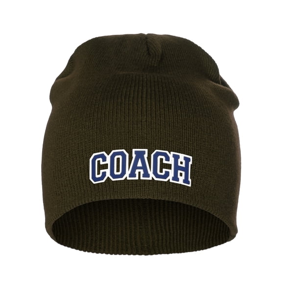 I&W Sports Team Coach Arch Letters Winter Knit Cuffless Beanie 3D Raised Layers, Olive Beanie White Navy