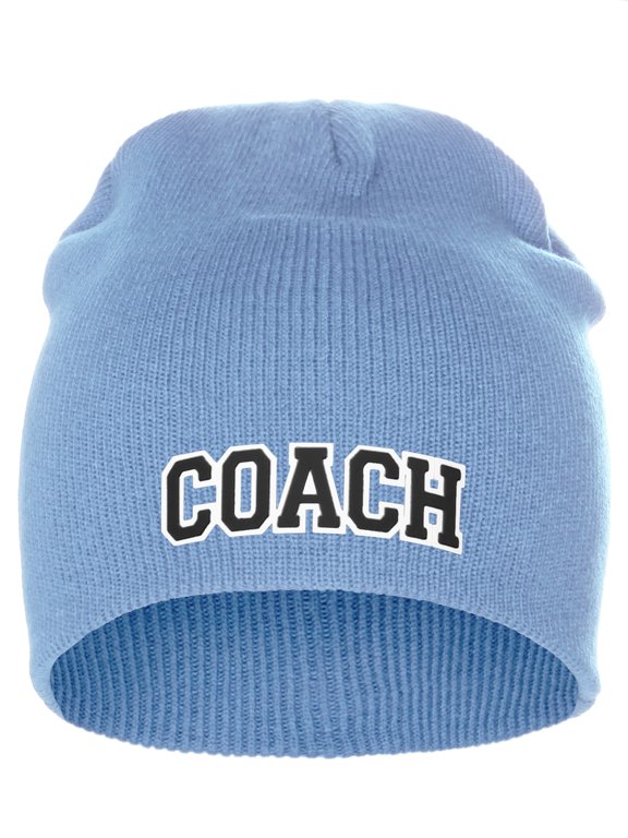 I&W Sports Team Coach Arch Letters Winter Knit Cuffless Beanie 3D Raised Layers, Sky Beanie White Black