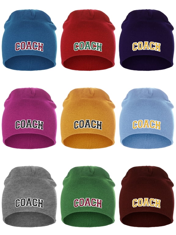 I&W Sports Team Coach Arch Letters Winter Knit Cuffless Beanie 3D Raised Layers