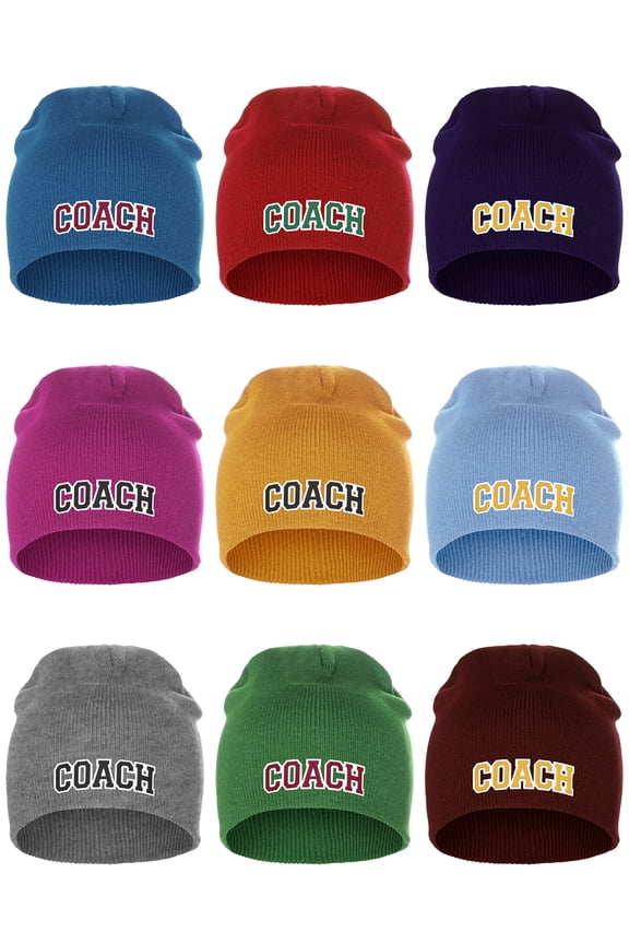 I&W Sports Team Coach Arch Letters Winter Knit Cuffless Beanie 3D Raised Layers