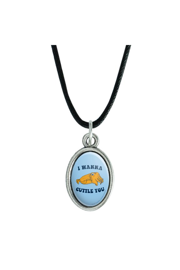 I Wanna Cuttle You Want to Cuddle Fish Funny Humor Antiqued Oval Charm Pendant with Black Satin Cord