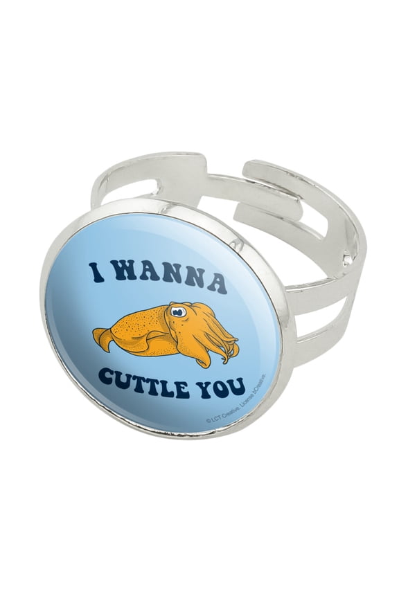 I Wanna Cuttle You Want to Cuddle Fish Funny Humor Silver Plated Adjustable Novelty Ring