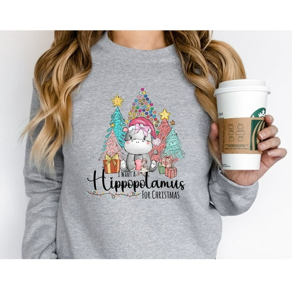 I Want A Hippopotamus Crewneck Sweatshirt, Funny Hippo Graphic Top, Cute Holiday Tree Design, Festive Winter Unisex Adult Casual Wear