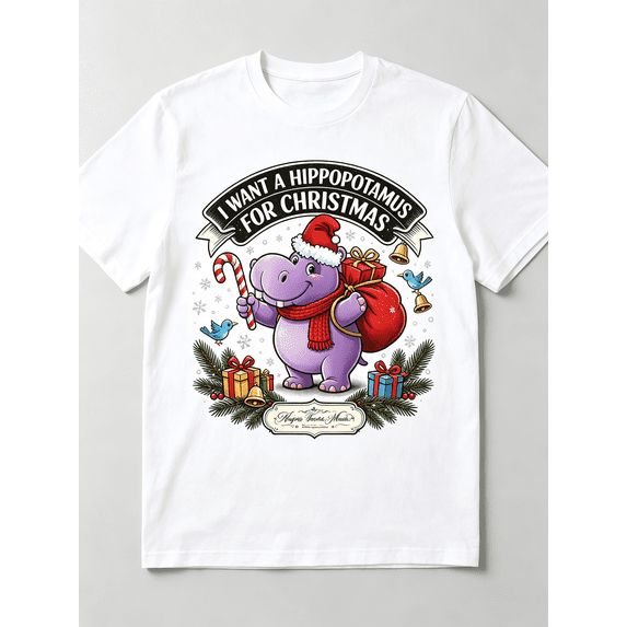 I Want A Hippopotamus For Christmas Santa Hippo Candy Cane Gift Bird Pine Winter Graphic Unisex T-Shirt