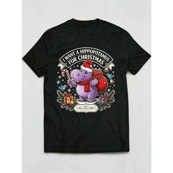 I Want A Hippopotamus For Christmas Santa Hippo Candy Cane Gift Bird Pine Winter Graphic Unisex T-Shirt