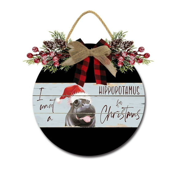 I Want A Hippopotamus For Christmas Sign Farmhouse Wood Sign Front Porch Decor Rustic Wooden Sign Wall Decor Hanging Wooden Decorations with Bow-Knot for Home Porch Wall Door, 11 x 11 inch