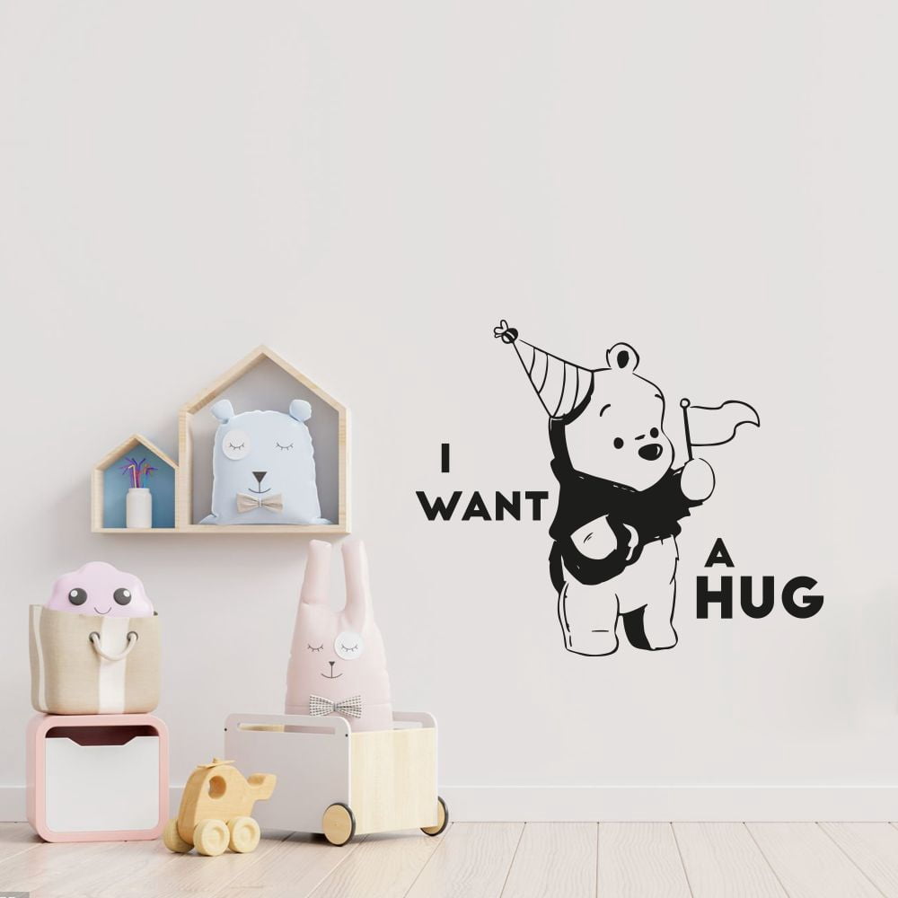 I Want A Hug Quotes Cute Baby Winnie The Pooh Sleepy Time Hugs Vinyl Wall Sticker Wall Decal Wall Art Décor Home Room Kids Room Boys Girls Room Pooh Lover Living Room Decoration Size (22x30 inch)