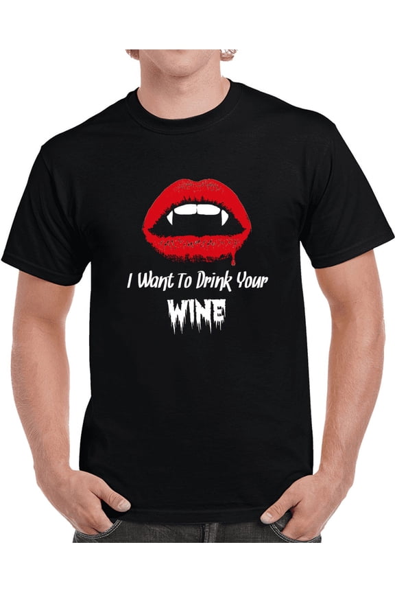 I Want To Drink Your Wine Halloween T-shirt Unisex Cool Vampire Fangs Party Tee
