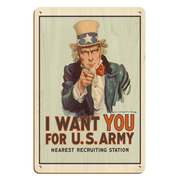 I Want You for U.S. Army - WWI - Uncle Sam - Vintage War Poster by James Montgomery Flagg c.1978 - 8 x 12 inch Vintage Wood Art Sign