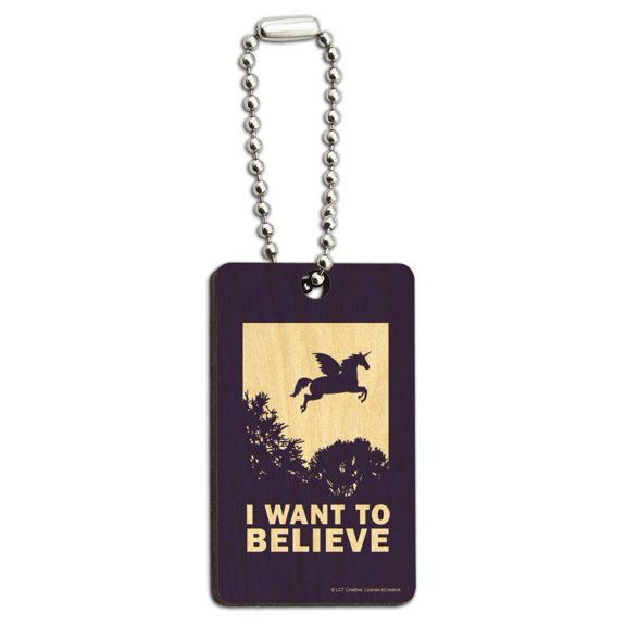 I Want to Believe Unicorn UFO Funny Humor Wood Wooden Rectangle Keychain Key Ring