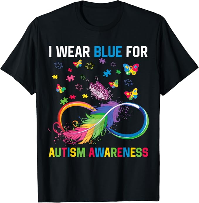 I Wear Blue For Autism Awareness Butterflies Puzzle Piece TShirt