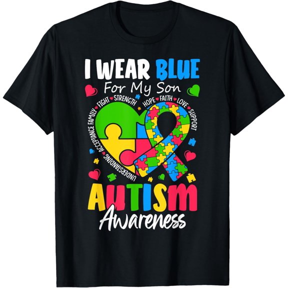 I Wear Blue For my son Autism Awareness men women kids mom T-Shirt100% pure cotton