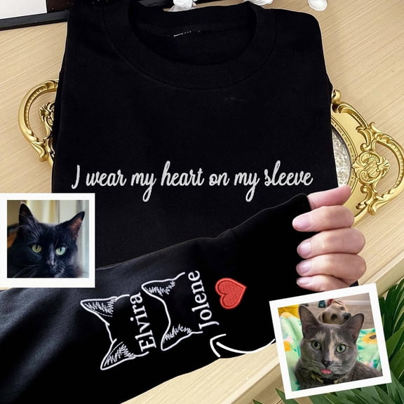 I Wear My Heart on My Sleeve Embroidered Pet Ears Sweatshirt Gifts for Cat Lover