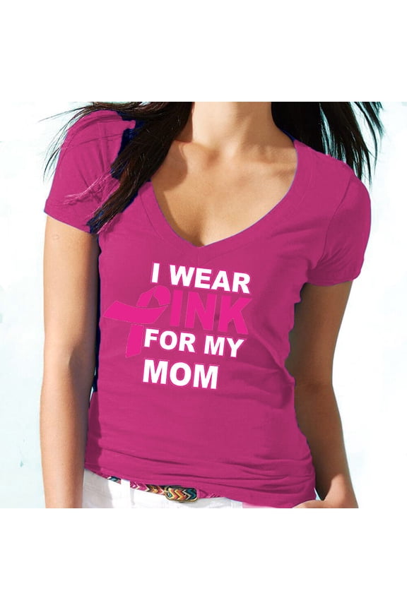 I Wear Pink For My Mom V-neck Shirt Support Breast Cancer Tee Color Pink Large