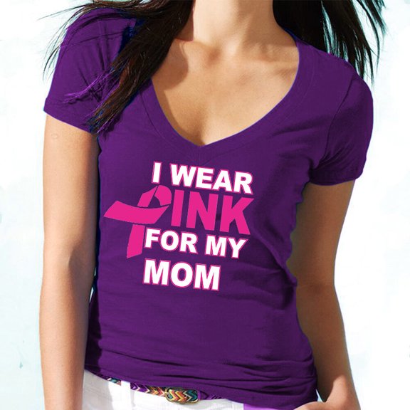 I Wear Pink For My Mom V-neck Shirt Support Breast Cancer Tee Color Purple Small