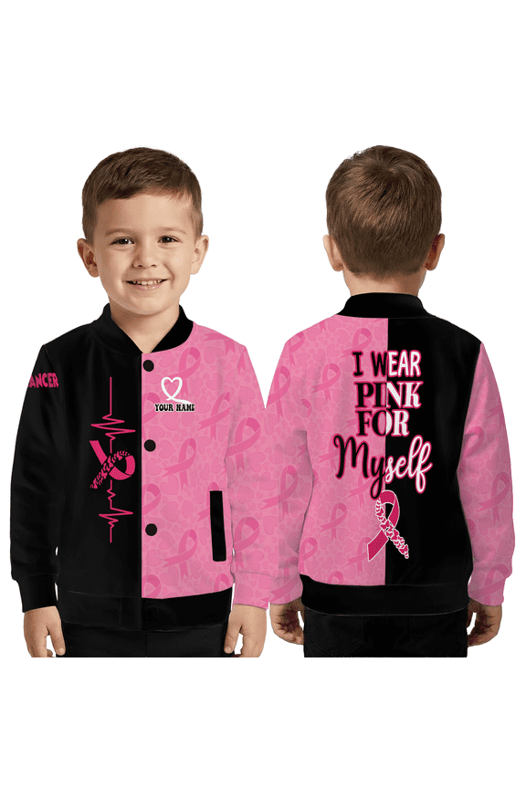 I Wear Pink For Myself” Cancer Coat, Breast Cancer Awareness Baseball Jacket – Custom Name Pink & Black Ribbon Outerwear