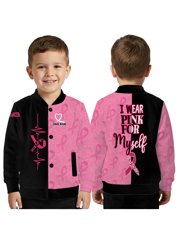I Wear Pink For Myself” Cancer Coat, Breast Cancer Awareness Baseball Jacket – Custom Name Pink & Black Ribbon Outerwear