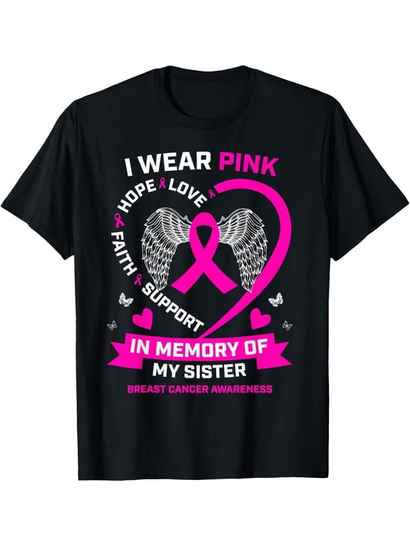 I Wear Pink In Memory Of My Sister Breast Cancer Awareness T-ShirtMen and women, Black T-shirt, size: Extra large