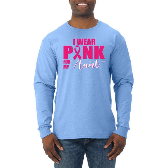 I Wear Pink for My Aunt Survivor Awareness Mens Long Sleeve Shirt, Light Blue, Large