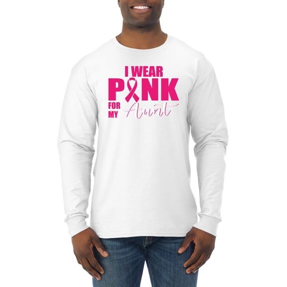 I Wear Pink for My Aunt Survivor Awareness Mens Long Sleeve Shirt, White, Small