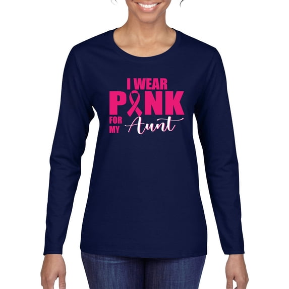 I Wear Pink for My Aunt Survivor Awareness Womens Graphic Long Sleeve T-Shirt, Navy, Small