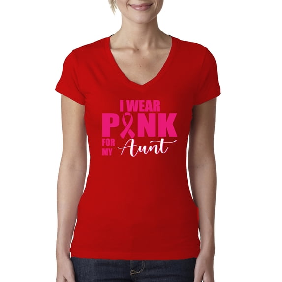 I Wear Pink for My Aunt Survivor Awareness Womens V-Neck Tee, Red, Small