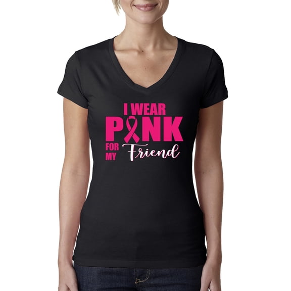 I Wear Pink for My Friends Survivor Awareness Womens V-Neck Tee, Black, Small