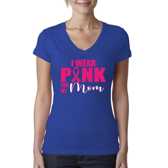 I Wear Pink for My Mom Survivor Awareness Womens V-Neck Tee, Royal, 2XL