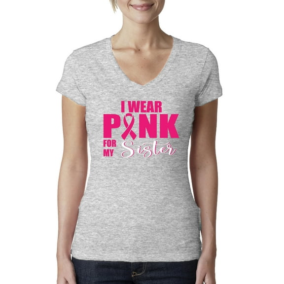 I Wear Pink for My Sisiter Survivor Awareness Womens V-Neck Tee, Heather Grey, Medium