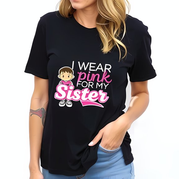 I Wear Pink for My Sister Cotton Short Sleeve T-Shirt - Cute Graphic Design with Heart Supportive Tee