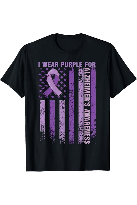 I Wear Purple For Alzheimer's Awareness American Flag T-ShirtMen's and women's pure cotton short-sleeved shirts