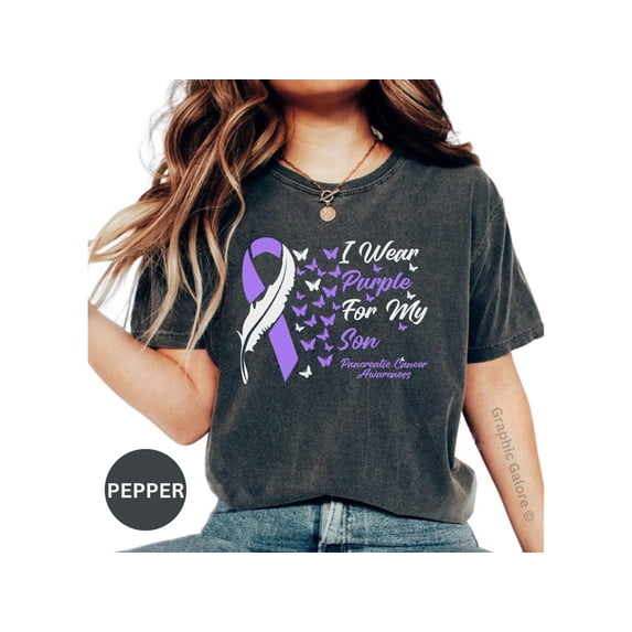 I Wear Purple For My Son T-Shirt, Pancreatic Cancer Awareness Tee, Butterfly Ribbon Design, Supportive Gift Shirt, Cancer Support Apparel
