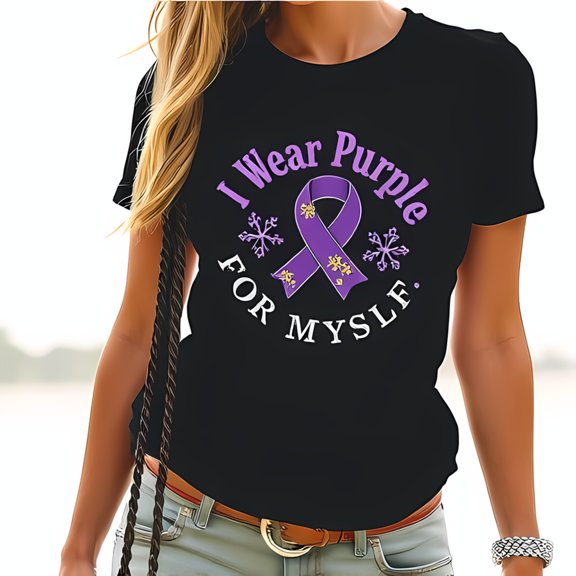 I Wear Purple For Myself Cotton Short Sleeve T-Shirt with Purple Awareness Ribbon & Snowflakes - Empowering Self-Love Design