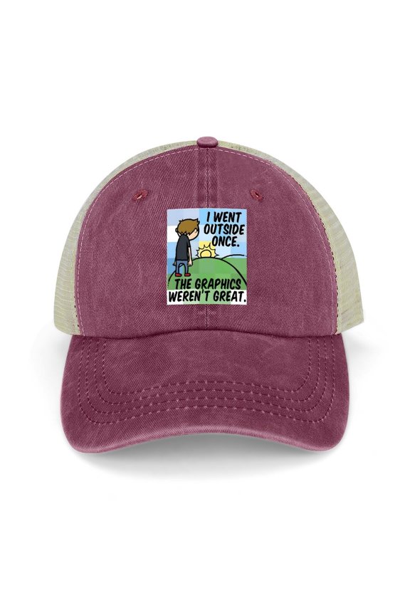 I Went Outside Once, Graphics Weren’t That Good Wine Red Baseball Cap for Men Women, Adjustable Snapback Hats Trucker Hat
