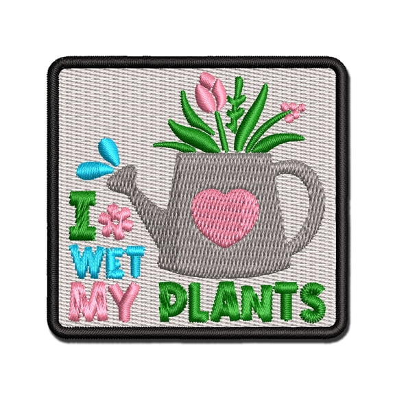 I Wet My Plants Watering Can Gardening Pun Spring Flowers Applique Multi-Color Embroidered Iron-On Patch - 3 Inch Medium
