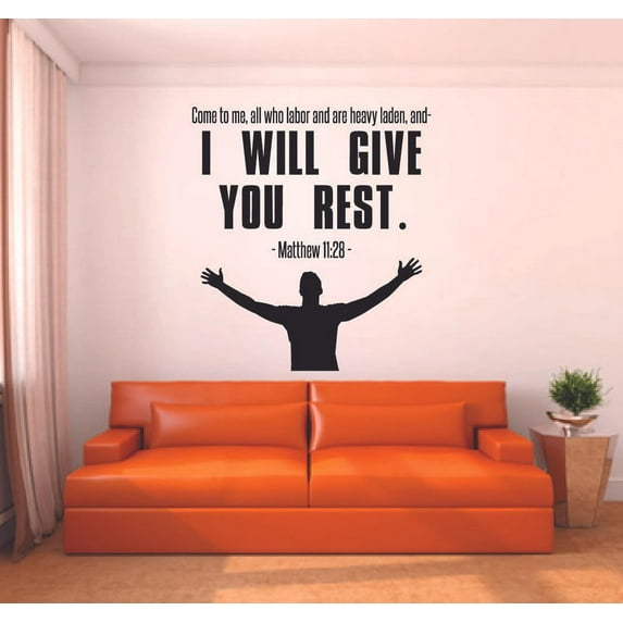 I Will Give You Rest Matthew 11:28 Bible Verse Religious Religion Christ Motivational Quote Wall Decal Wall Art Designs Stickers for Home Room House Decor Vinyl Wall Sticker Decoration (27x30 inch)