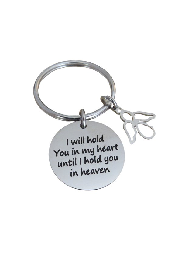 I Will Hold You in My Heart, Until I Hold You in Heaven" Stainless Steel Disc Charm with Angel Charm on a Keyring Memorial Gift